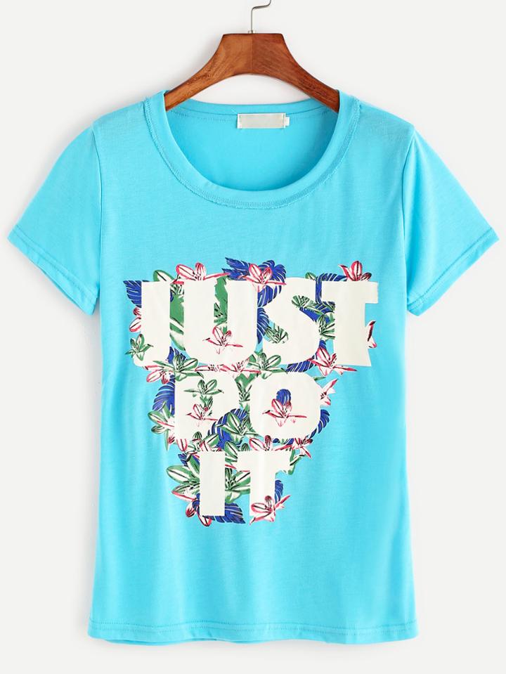 Romwe Blue Flower Print Short Sleeve T-shirt