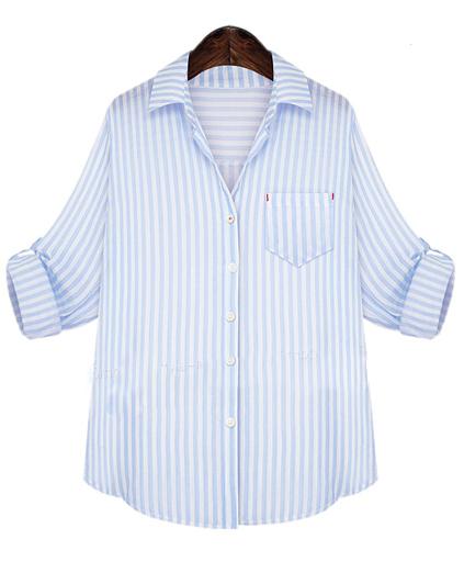 Romwe Vertical Stripe Pocket Blue Blouse