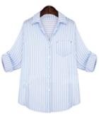Romwe Vertical Stripe Pocket Blue Blouse