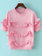 Romwe Short Sleeve Fungus Edge Pink Sweater