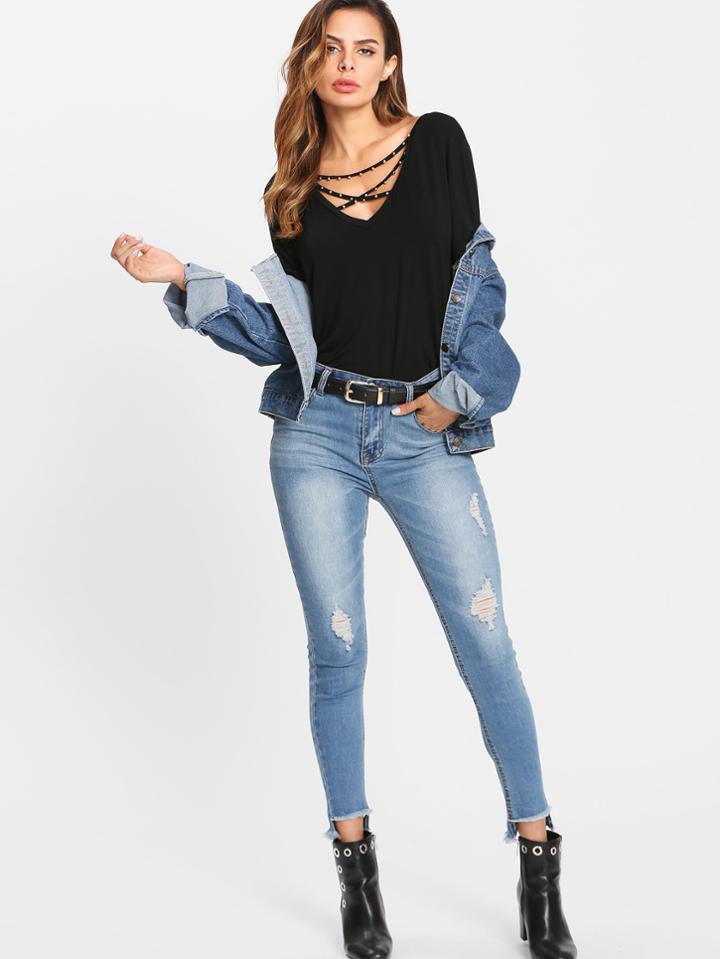 Romwe Beaded Crisscross Neck Tee
