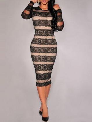 Romwe Black Long Sleeve Lace Bodycon Dress