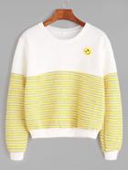 Romwe Contrast Striped Textured Sweatshirt With Smile Brooch