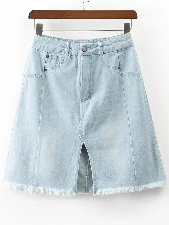 Romwe Light Blue Slit Raw Hem Denim Skirt