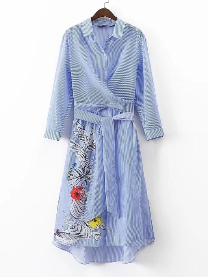 Romwe Tie Waist Pinstripe High Low Shirt Dress