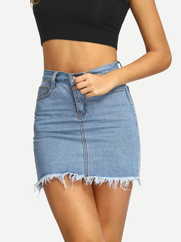 Romwe Blue Frayed Denim Bodycon Skirt
