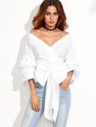 Romwe Exaggerated Sleeve Surplice Blouse With Bow Tie