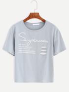 Romwe Grey Letters Print Ripped T-shirt