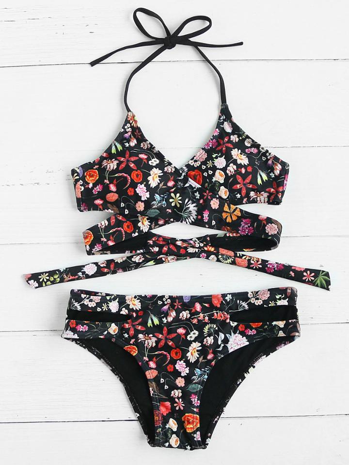 Romwe Flower Print Cutout Detail Wrap Bikini Set