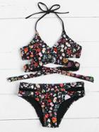Romwe Flower Print Cutout Detail Wrap Bikini Set