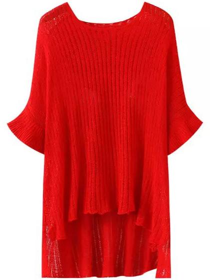 Romwe Red Round Neck Batwing Sleeve Dip Hem Sweater