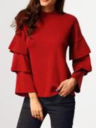 Romwe Red Stand Collar Cascading Ruffle Sleeve Blouse