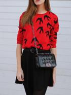 Romwe Red Crew Neck Birds Print T-shirt