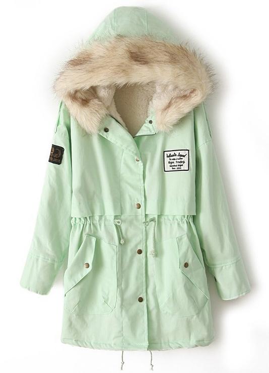 Romwe Zipper Embellished Fleece Inside Military Mint Green Coat