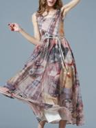 Romwe Multicolor Round Neck Sleeveless Drawstring Print Maxi Dress