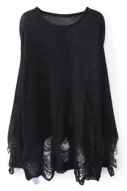 Romwe Ripped-hems Transparent Black Jumper