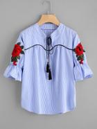 Romwe Fringe Tie Neck Embroidered Applique Stripe Blouse