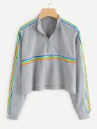 Romwe Rainbow Stripe Panel Zip Neck Marled Pullover
