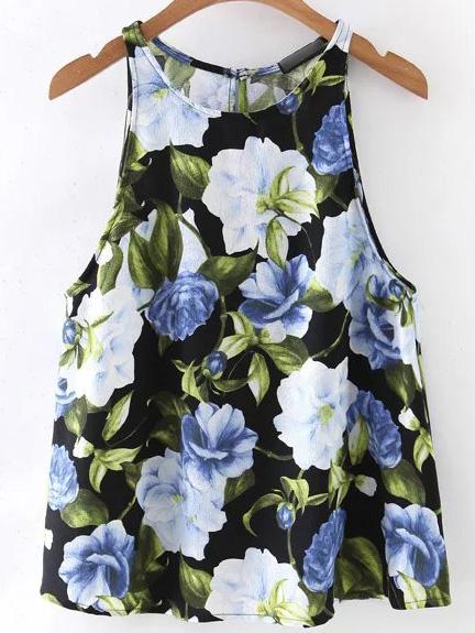 Romwe Multicolor Flower Print Keyhole Back Sleeveless Blouse