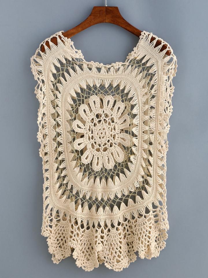 Romwe Plain Hollow Out Crochet Cover-up Top