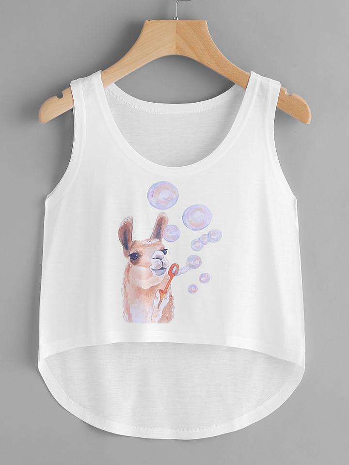 Romwe Alpaca Print Dip Hem Tank Top