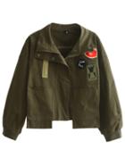 Romwe Army Green Zipper Applique Tassel Jacket