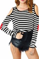 Romwe Romwe Off-shoulder Heart Patched Black-white T-shirt