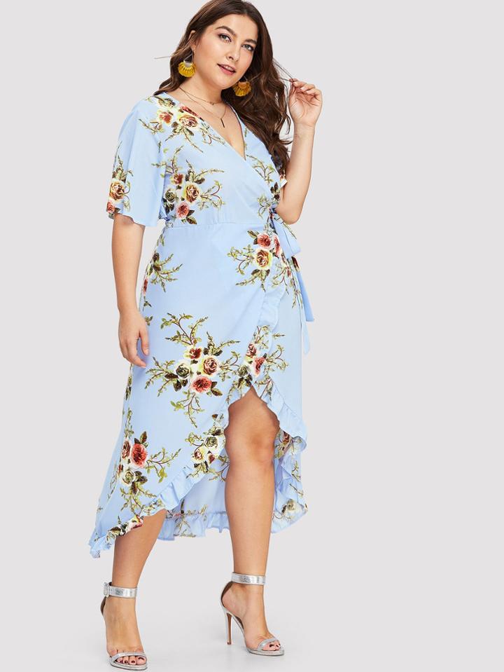 Romwe Knot Side Floral Print Dip Hem Dress