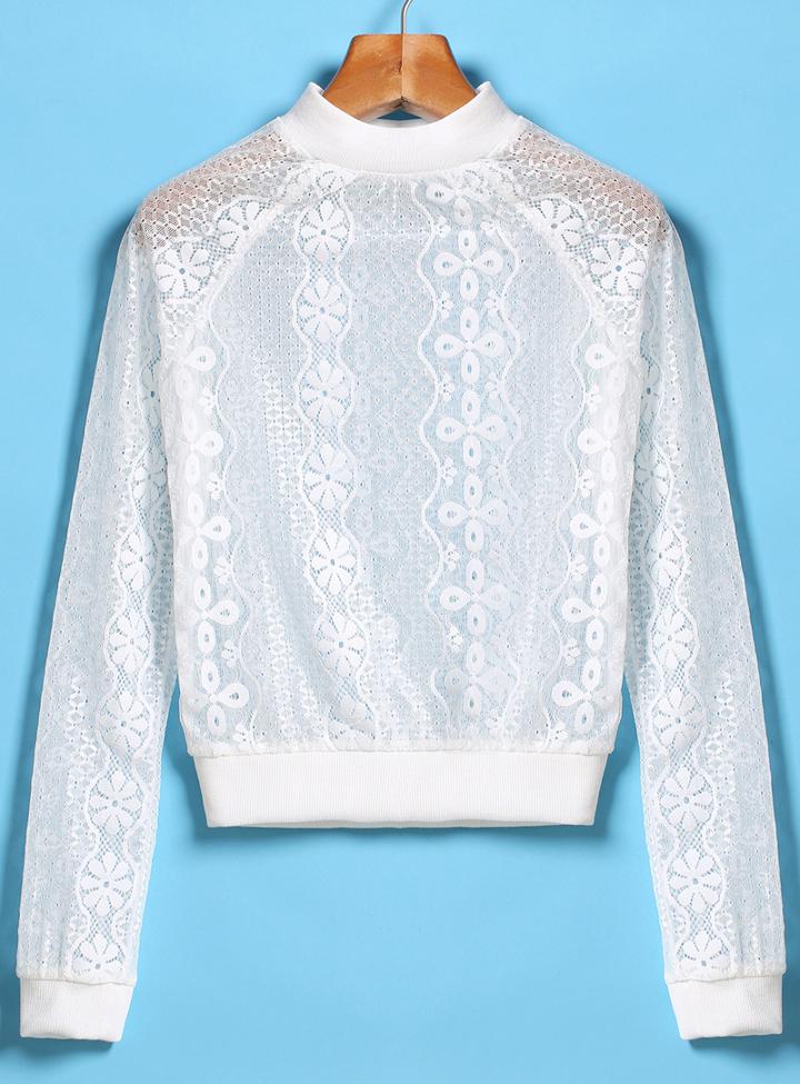 Romwe Embroidered Lace Crop White Blouse