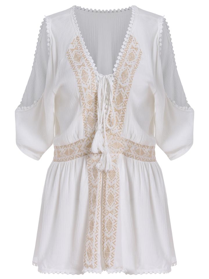 Romwe V Neck Open Shoulder Embroidered White Romper