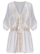 Romwe V Neck Open Shoulder Embroidered White Romper
