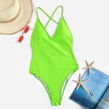 Romwe Neon Lime Criss Cross Backless One Piece Swim