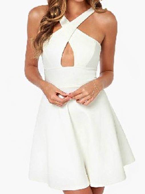 Romwe Halter Hollow Flare White Dress