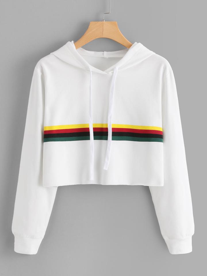 Romwe Colorful Striped Crop Hoodie