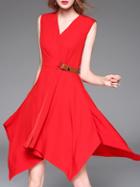 Romwe Red V Neck Asymmetric Dress