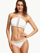 Romwe White Stripe Mesh Panel Halter Neck Bikini Set
