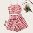 Romwe Gingham Shirred Tie Back Cami Top & Belted Shorts