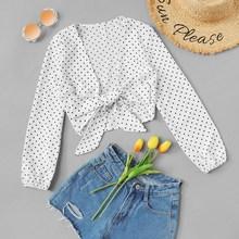 Romwe Knot Front Polka Dot Top