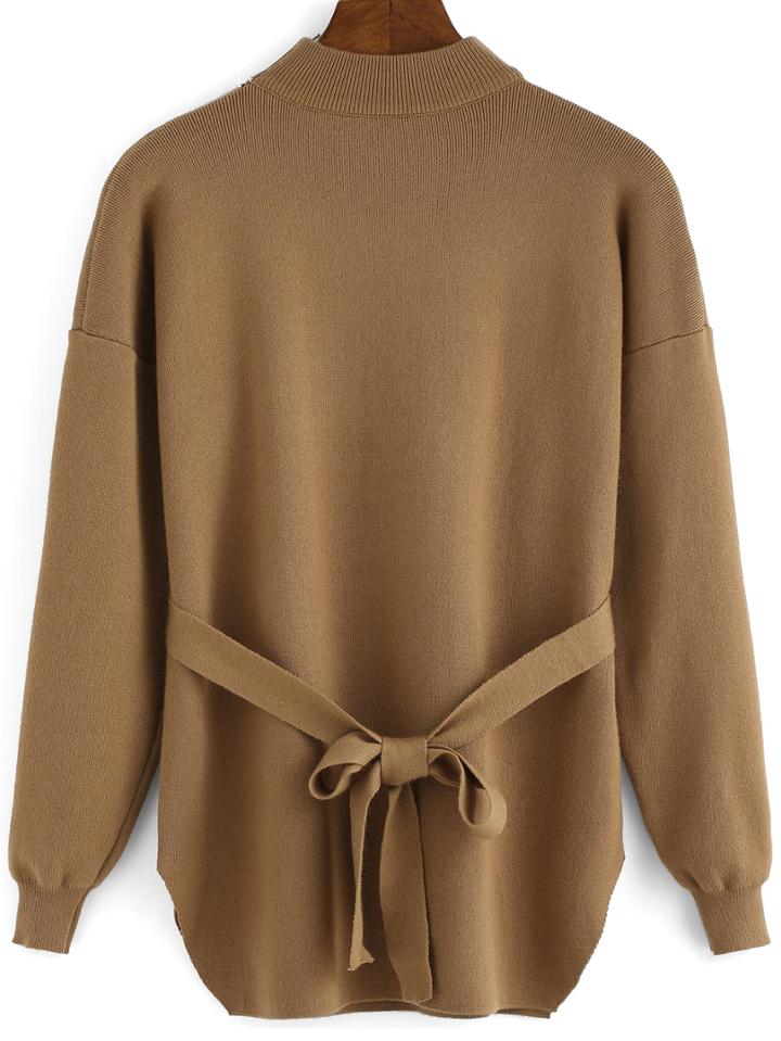 Romwe Mock Neck Belt Loose Khaki Sweater