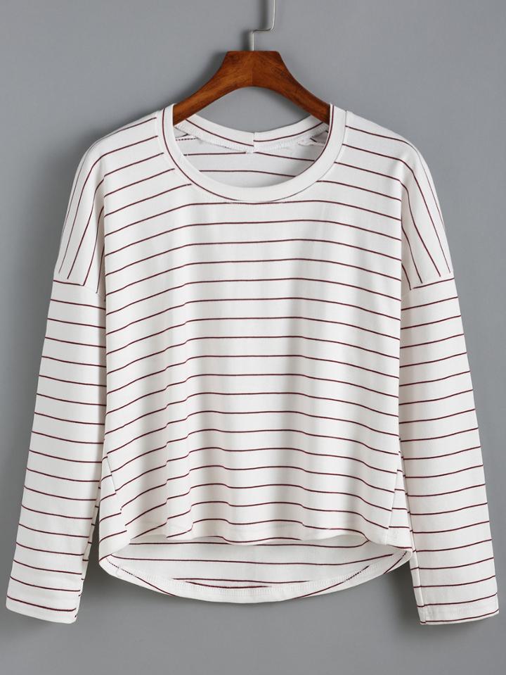 Romwe Dip Hem Long Sleeve Striped T-shirt