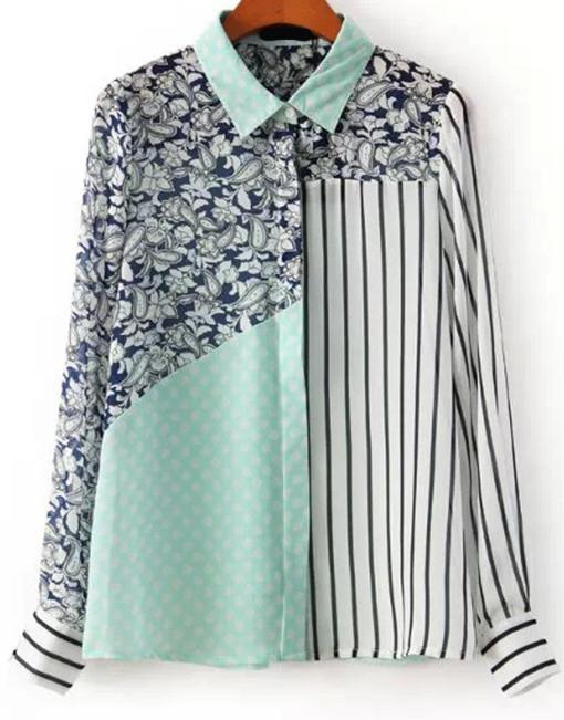 Romwe Light Green Vertical Stripe Floral Blouse