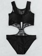 Romwe Black Lace Insert Cutout Design One-piece Swimwear