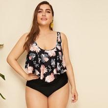 Romwe Plus Floaty Top With Ruched Bikini Set