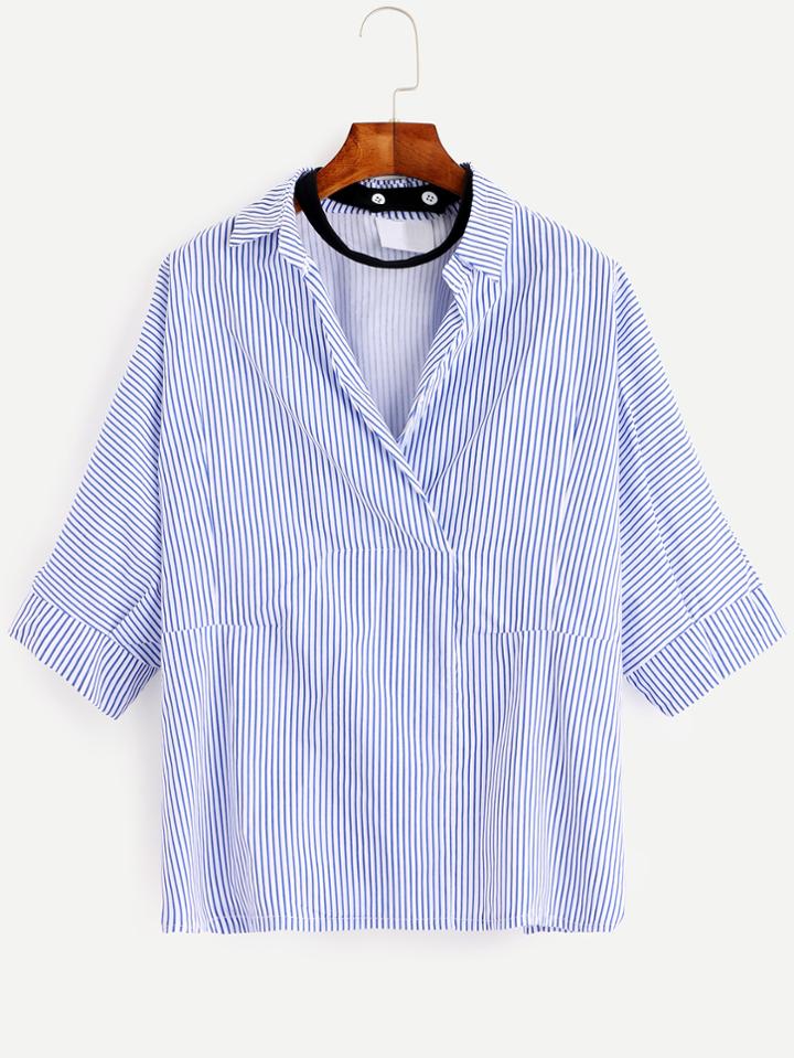 Romwe Blue Striped Drop Shoulder Lapel Wrap Blouse