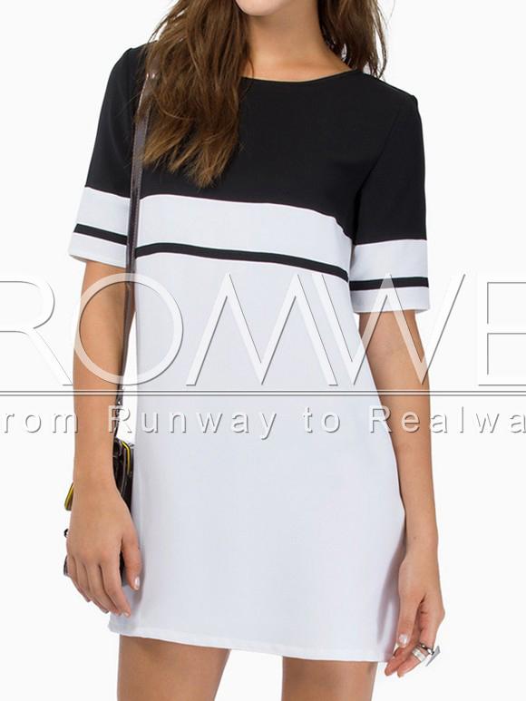 Romwe White Color Block Crew Neck Tunic Dress