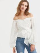 Romwe White Off The Shoulder Lantern Sleeve Belted Checkered Mesh Top