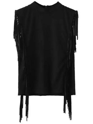 Romwe Mock Neck Suede Fringe Tank Top