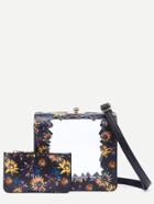 Romwe Black Printed Faux Leather Trim Clear Bag With Wallet