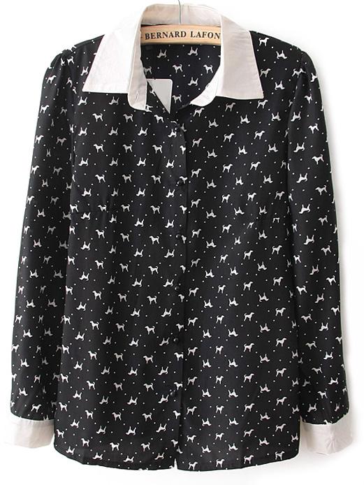 Romwe Contrast Lapel Dog Print Black Blouse