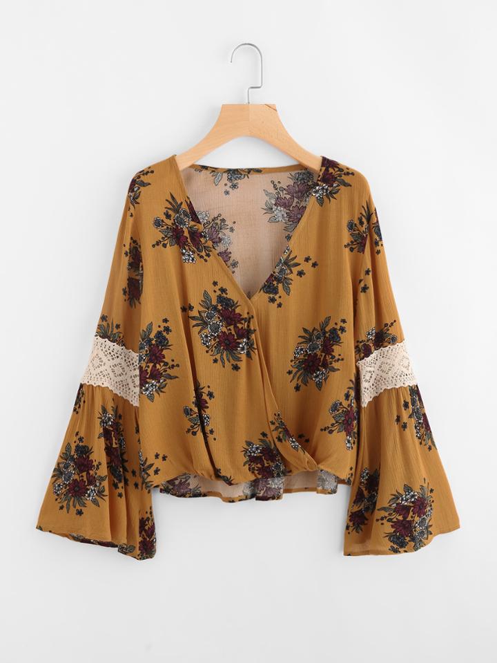 Romwe Fluted Sleeve Random Lace Panel Surplice Blouse